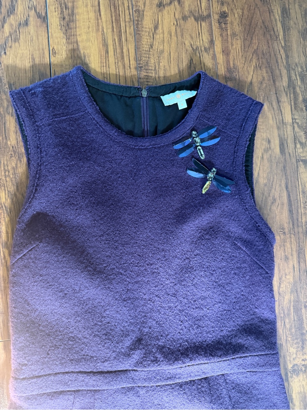 Tory Burch Purple Sleeveless 100% Wool dress with Dragonfly Embellishments